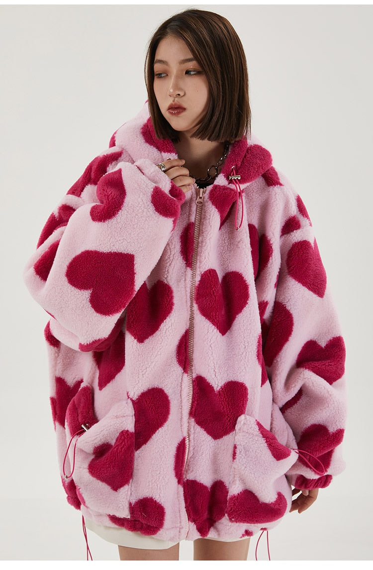 Cute Heart-shaped Print Lambswool Winter Jacket Couple Streetwear