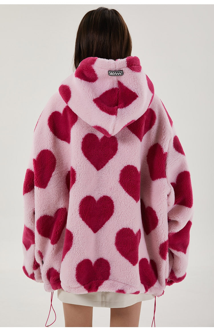 Cute Heart-shaped Print Lambswool Winter Jacket Couple Streetwear