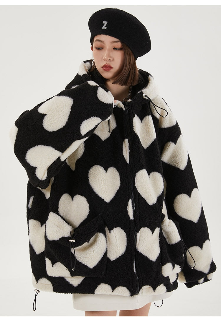 Cute Heart-shaped Print Lambswool Winter Jacket Couple Streetwear