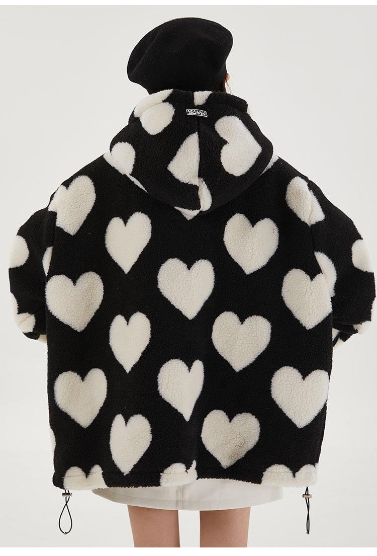 Cute Heart-shaped Print Lambswool Winter Jacket Couple Streetwear