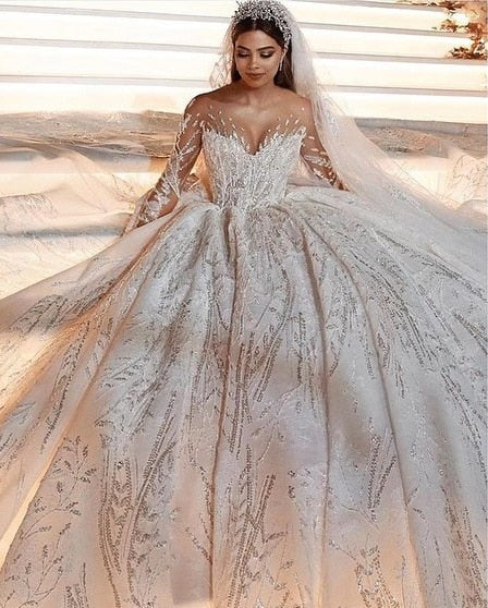 Custom Made Princess Wedding Dresses Vestido De Casamento Gold Appliques Beading Long Sleeve Bridal Gowns - LiveTrendsX