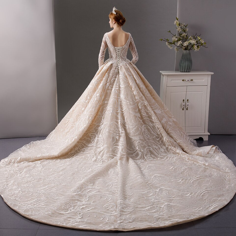 champagne robe de mariee princesse de luxe  long sleeve dress vestido largo elegante vestido casamento civil  plus size - LiveTrendsX