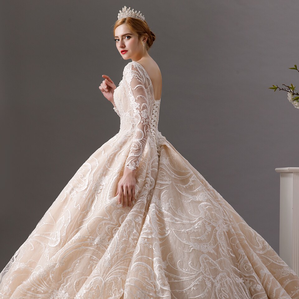 champagne robe de mariee princesse de luxe  long sleeve dress vestido largo elegante vestido casamento civil  plus size - LiveTrendsX