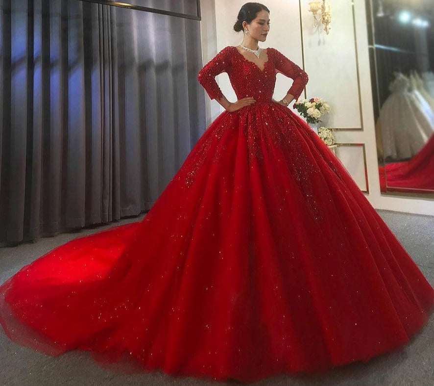2021 red wedding dress with long lace sleeves bridal dress red color evenings - LiveTrendsX
