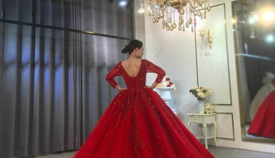 2021 red wedding dress with long lace sleeves bridal dress red color evenings - LiveTrendsX