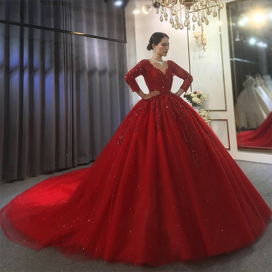 2021 red wedding dress with long lace sleeves bridal dress red color evenings - LiveTrendsX