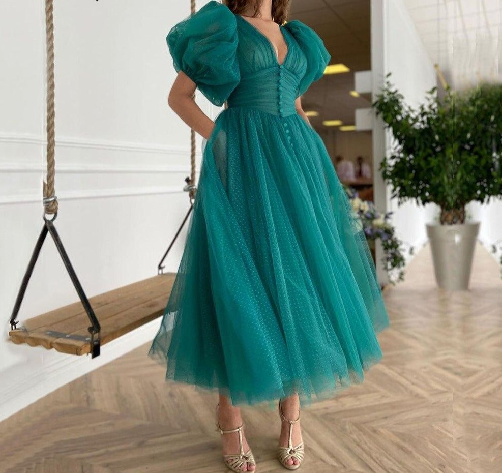 Green Puffy Sleeves Plus size Evening Dresses Gowns 2021 Ankle Length A-line Sexy For Women Party - LiveTrendsX