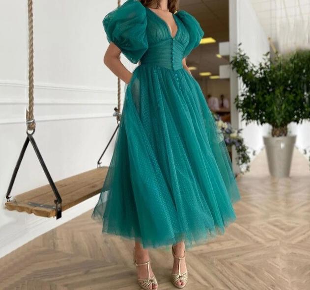 Green Puffy Sleeves Plus size Evening Dresses Gowns 2021 Ankle Length A-line Sexy For Women Party - LiveTrendsX