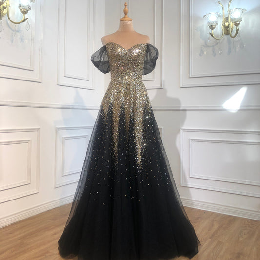 Black Gold A-line Luxury Evening Dresses Gowns 2021 Sparkle Beading Sexy For Women Party Dress - LiveTrendsX