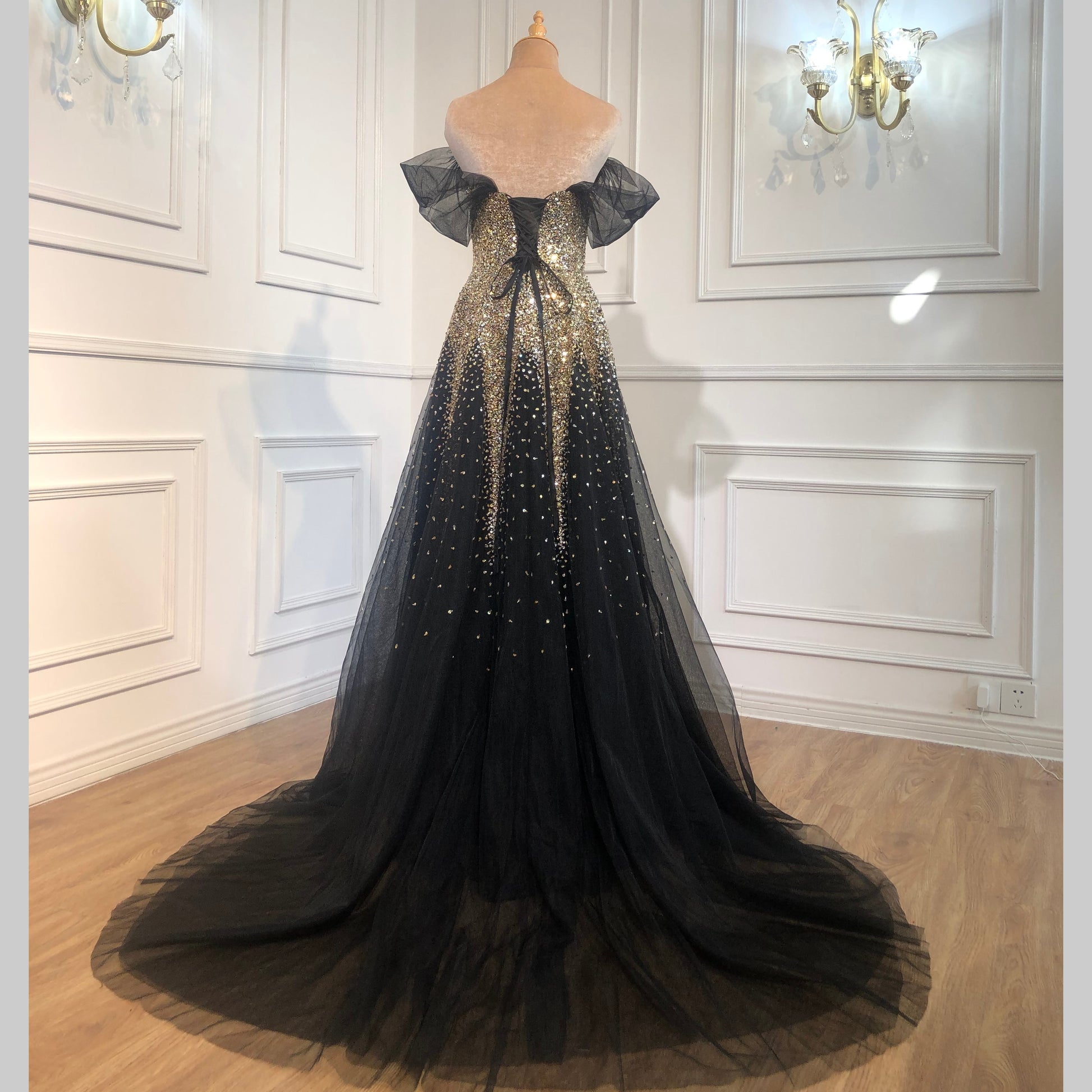 Black Gold A-line Luxury Evening Dresses Gowns 2021 Sparkle Beading Sexy For Women Party Dress - LiveTrendsX