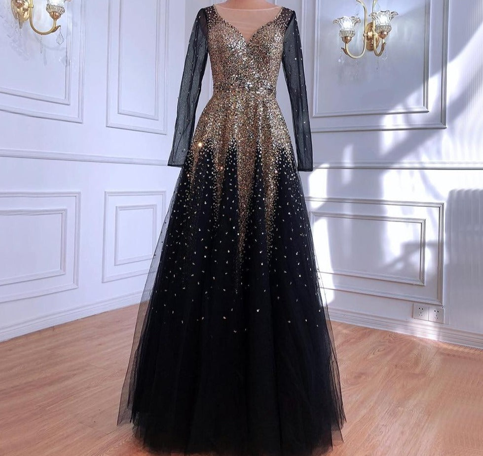 Muslim Black Gold Luxury Evening Dresses Gowns 2021 A-Line Sparkle Beading For Women Party - LiveTrendsX