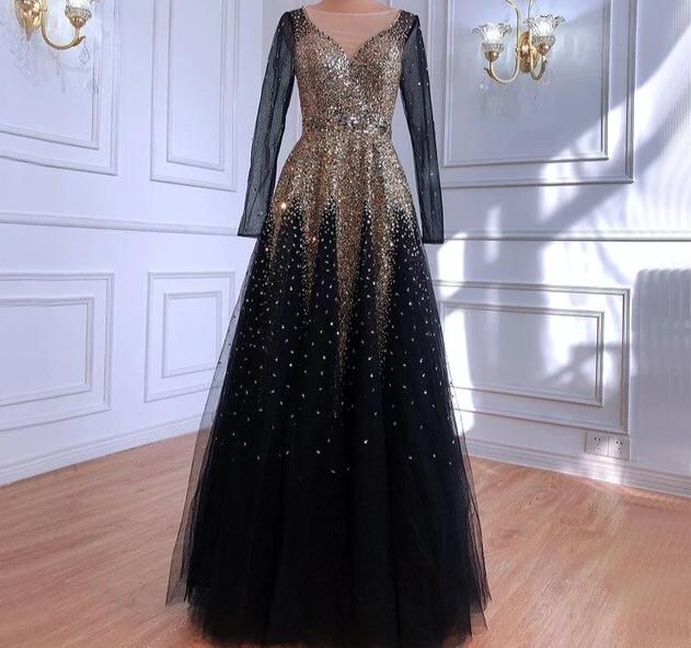 Muslim Black Gold Luxury Evening Dresses Gowns 2021 A-Line Sparkle Beading For Women Party - LiveTrendsX