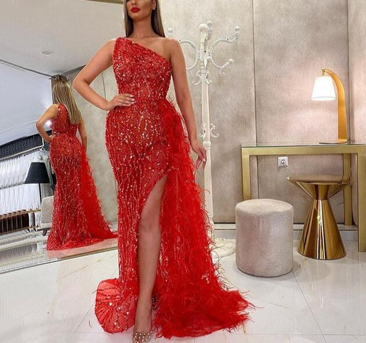 Green Luxury One Shouder Split Evening Dresse 2021 Elegant Mermaid Beading Gowns Feathers For Women Party - LiveTrendsX