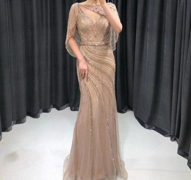 Luxury Gold Elegant Sexy Evening Dresses Gowns 2021 Diamond Beading Mermaid For Women Party Wear - LiveTrendsX