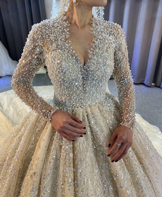 2021 full pearls luxury wedding dress with long train - LiveTrendsX