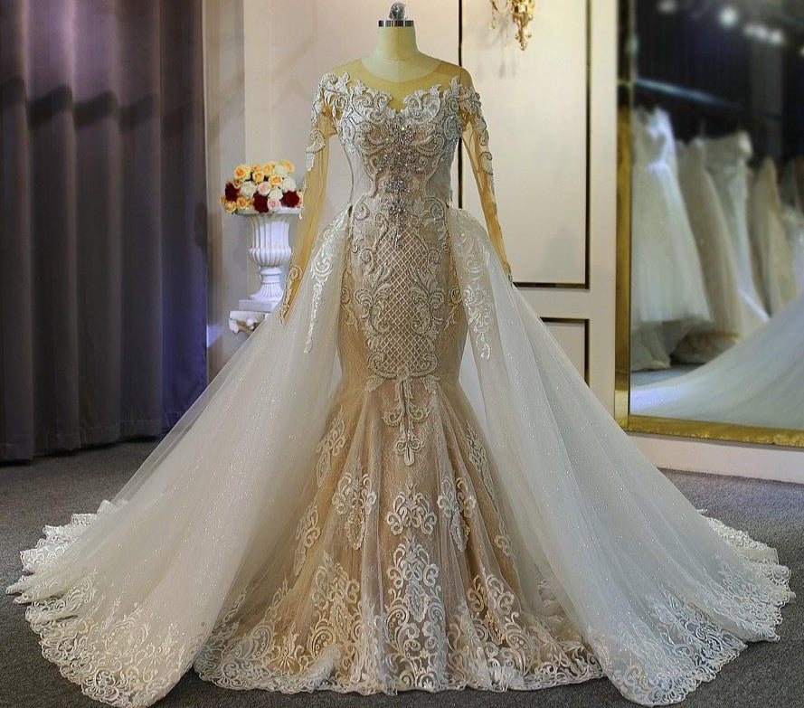 Luxury 2 in 1 mermaid wedding dress with detachable train real work 100% same - LiveTrendsX