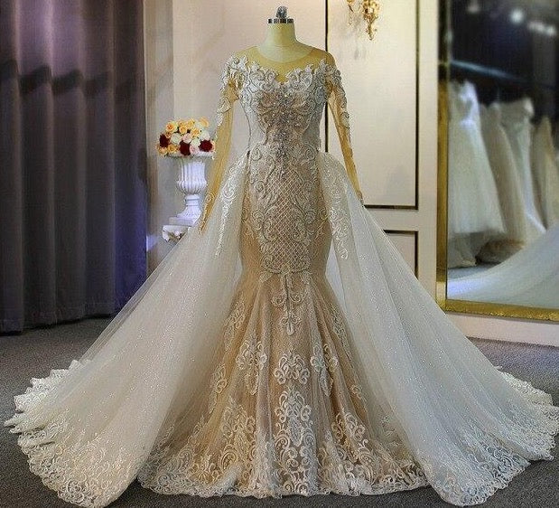 Luxury 2 in 1 mermaid wedding dress with detachable train real work 10 ...
