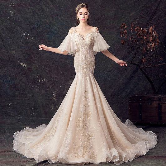 2021 Short Sleeve Appliques Pearls Sequined Lace Flowers Mermaid Wedding Dress - LiveTrendsX