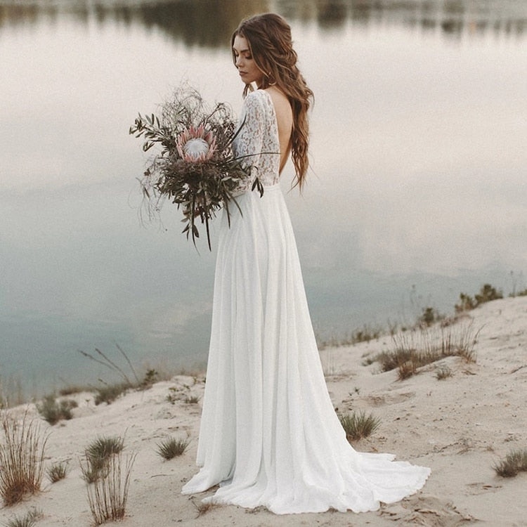 Lace Long Sleeve Boho Pre Wedding Shoot Dress Beach A Line Backless Customized Bridesmaid Gowns Factory 2021 New Spring - LiveTrendsX