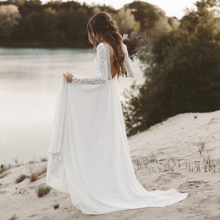 Lace Long Sleeve Boho Pre Wedding Shoot Dress Beach A Line Backless Customized Bridesmaid Gowns Factory 2021 New Spring - LiveTrendsX