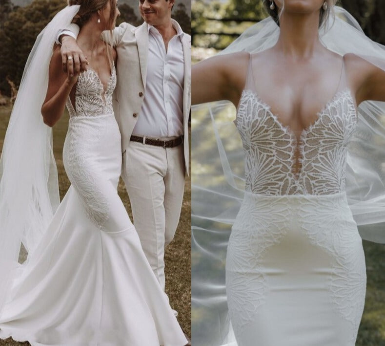 Bohemia Lace Mermaid Wedding Dress 2021 Boho Sexy V Neck Open Back Soft Italian satin Bridal Gowns - LiveTrendsX