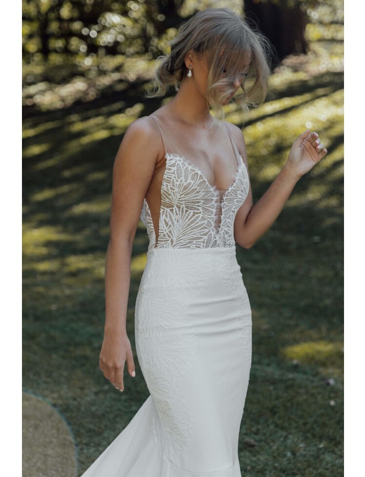 Bohemia Lace Mermaid Wedding Dress 2021 Boho Sexy V Neck Open Back Soft Italian satin Bridal Gowns - LiveTrendsX