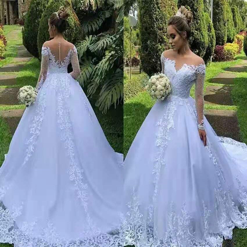 new luxury lace wedding dress skin color net long sleeve round neck bridal gown robe de mariée - LiveTrendsX