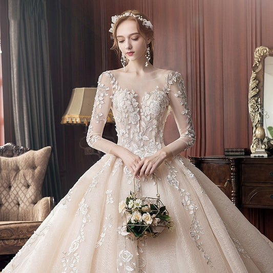 Long Sleeve Wedding Dress New Backless Luxury Hand Made Beading Pearls Lace Appliques Champagne Flash Princess Bridal Ball Gowns - LiveTrendsX