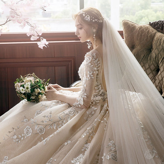 Long Sleeve Wedding Dress New Backless Luxury Hand Made Beading Pearls Lace Appliques Champagne Flash Princess Bridal Ball Gowns - LiveTrendsX