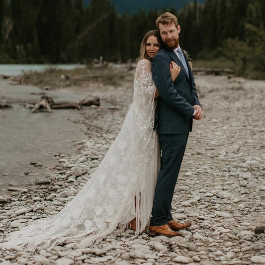 Unique Bohemia Wedding Dress 2021 Lace Wrapped Two Piece Tassel Batwing Sleeve Beach Boho Bridal Gowns - LiveTrendsX