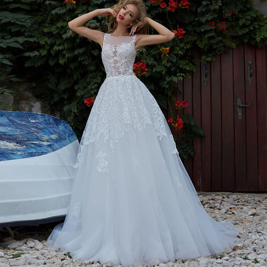 2021 New Illusion O Neck Off Shoulder Tulle A-Line Wedding Dresses Appliqued Pearls Sequined Floor Length Bridal Gowns - LiveTrendsX