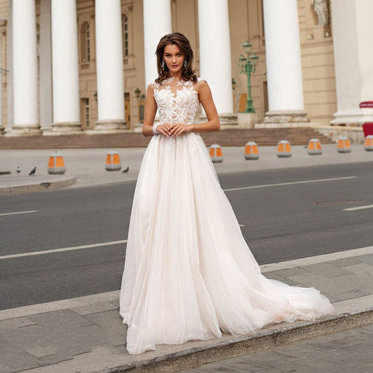 Beach Wedding Dress Lace Appliques Button Back Ivory Back button Boho Bridal Dress Wedding Gowns Vestido De Noiva - LiveTrendsX