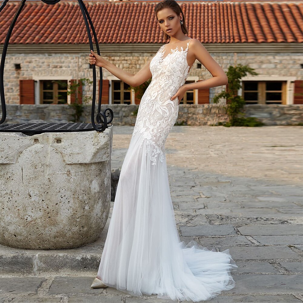 2021 New Arrival Hot Sale A-Line Wedding Dresses Sexy Off Shoulder O Neck Backless Appliqued Lace Floor Length Bridal Gowns - LiveTrendsX
