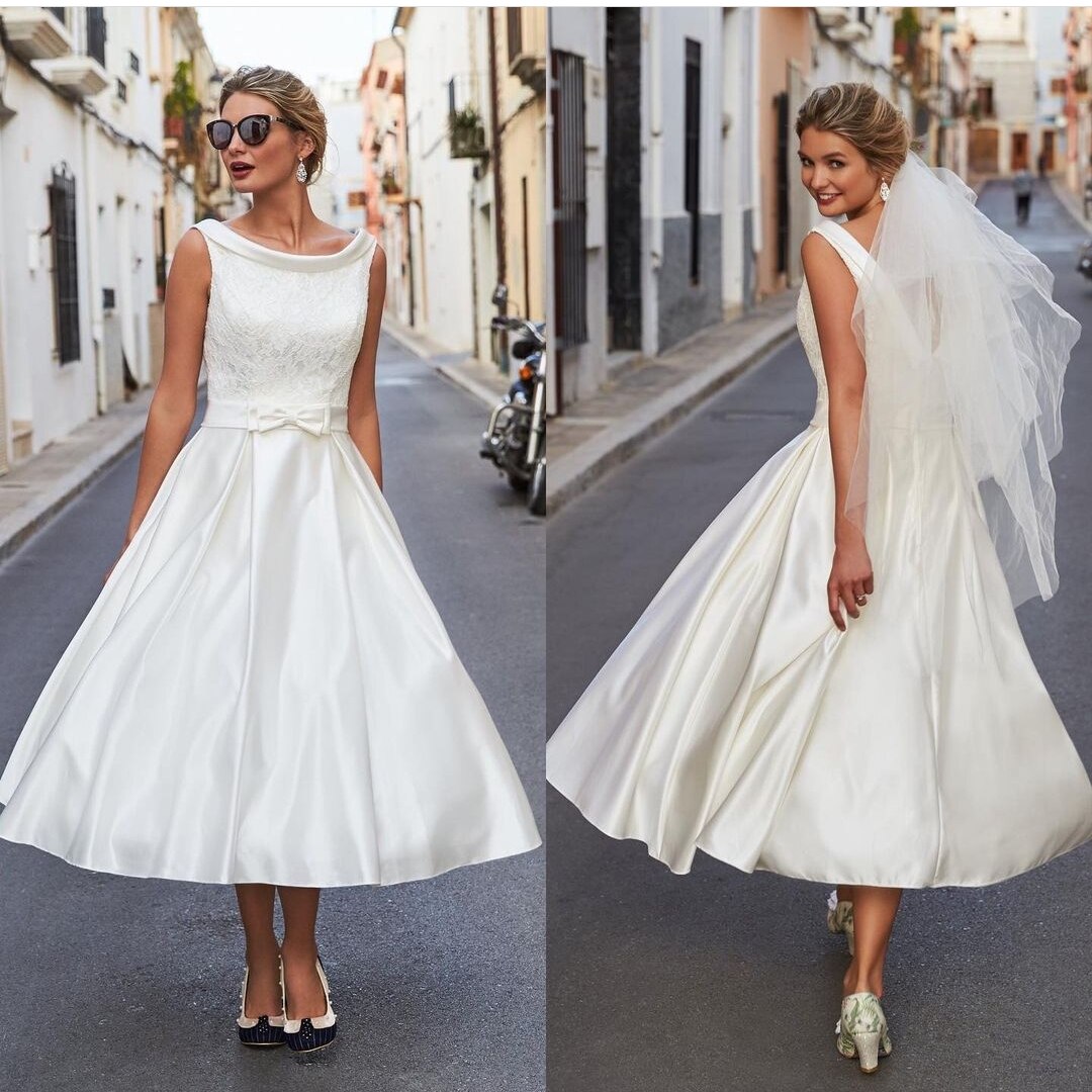 Short Wedding Dress 2021 Ankle Length Lace Appliques Scalloped Satin Simple Cheap Bridal Gown For Petite Women Bow Sash Princess - LiveTrendsX
