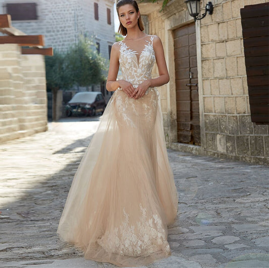 2021 New Sparkly Tulle Illusion Sexy Backless A-Line Wedding Dresses O Neck Off Shoulder Appliqued Detachable Skirt Bridal Gowns - LiveTrendsX