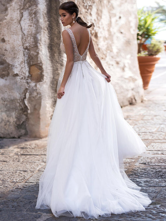 2021 New Hot Sale A-Line Wedding Dresses V Neck Off Shoulder Backless Appliqued Beading Crystal Long Bridal Gowns - LiveTrendsX