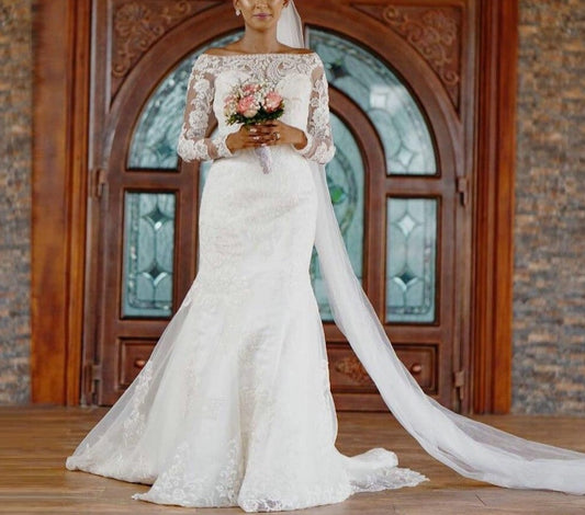 Romantic Lace Mermaid Wedding Dress 2021 Boat Neck Bridal Gown Long Sleeves Chapel Train Bride Dresses White Plus Size Customize - LiveTrendsX