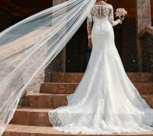 Romantic Lace Mermaid Wedding Dress 2021 Boat Neck Bridal Gown Long Sleeves Chapel Train Bride Dresses White Plus Size Customize - LiveTrendsX