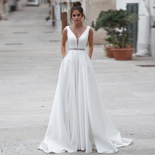 2021 New Illusion Sexy V Neck Off Shoulder Backless A-Line Wedding Dresses Simple Draped Fashion Pockets Beading Bridal Gowns - LiveTrendsX