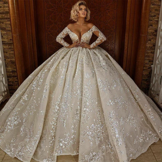 Arabic Vintage Ball Gown Wedding Dresses Long Sleeves Deep V Neck Bridal Plus Size Wedding Gowns vestido de novia - LiveTrendsX