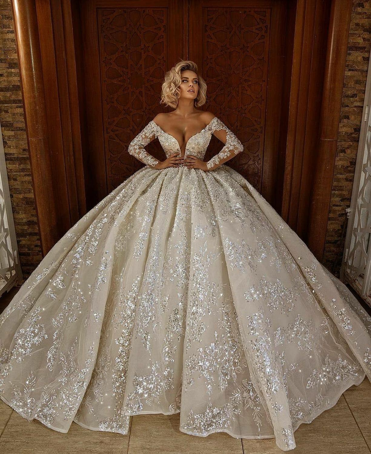 Arabic Vintage Ball Gown Wedding Dresses Long Sleeves Deep V Neck Bridal Plus Size Wedding Gowns vestido de novia - LiveTrendsX