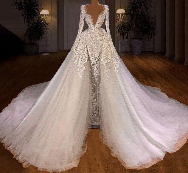 Robe De Mariage Gorgeous White Lace Wedding Gowns With Long Sleeves Pearls Elegant Bridal Gowns Princess Beach Wedding Dresses - LiveTrendsX