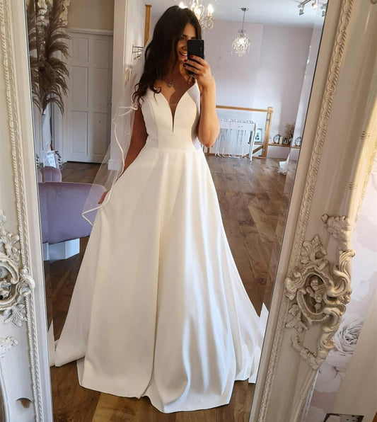 A-Line Wedding Dress 2021V-Neck White Satin Lace Appliques Bridal Gown Court Train Robe De Marie Bridal Gown With Pocket - LiveTrendsX
