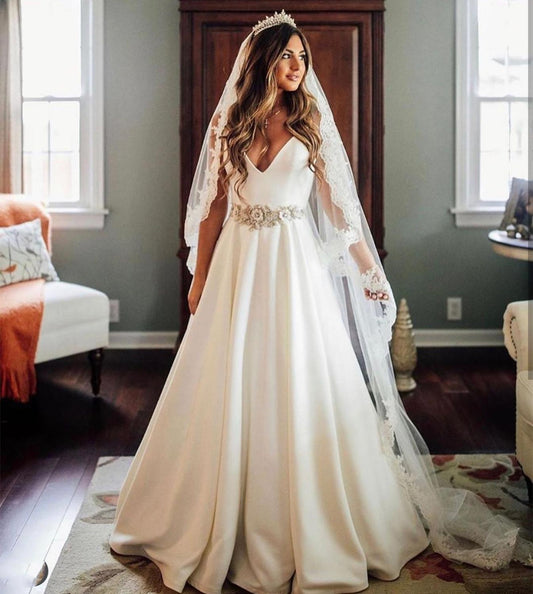 A-Line Wedding Dress 2021 V-Neck Satin Sleeveless With Belt Sash Crystal White Elegant Custom Made Robe De Mariee Charming - LiveTrendsX