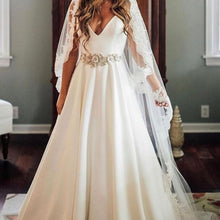 Load image into Gallery viewer, A-Line Wedding Dress 2021 V-Neck Satin Sleeveless With Belt Sash Crystal White Elegant Custom Made Robe De Mariee Charming - LiveTrendsX
