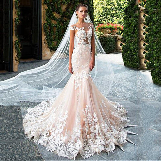 Pink Boho Wedding Dress Mermaid Lace Appliques Sex Backless Bride Dress Muslim Wedding Gowns 2021 Plus Size - LiveTrendsX