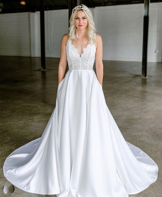 A-Line Wedding Dress 2021V-Neck White Satin Lace Appliques Bridal Gown Court Train Robe De Marie Bridal Gown With Pocket - LiveTrendsX