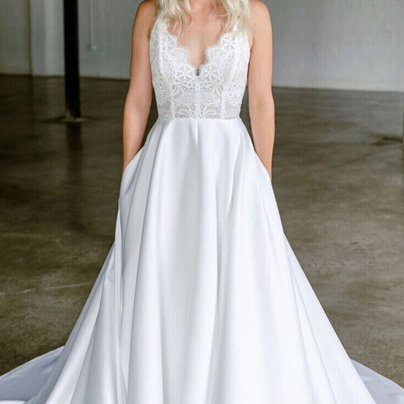 A-Line Wedding Dress 2021V-Neck White Satin Lace Appliques Bridal Gown Court Train Robe De Marie Bridal Gown With Pocket - LiveTrendsX