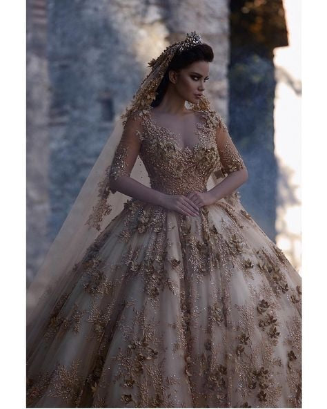 Gold Long Sleeves Wedding Dress Flowers Lace Bridal Gown In Stock Vest ...