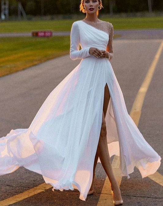 Elegant Pearls Long Sleeves Wedding Dress 2021 New Arrival Charming O-Neck A-Line Chiffon Bridal Gown Bohemian Vestidos De Novia - LiveTrendsX